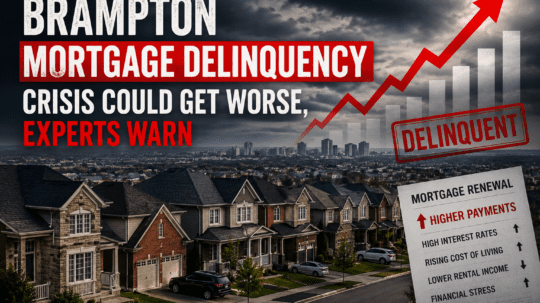Row of suburban homes in Brampton, Ontario representing rising mortgage delinquency and housing market stress in Canada.