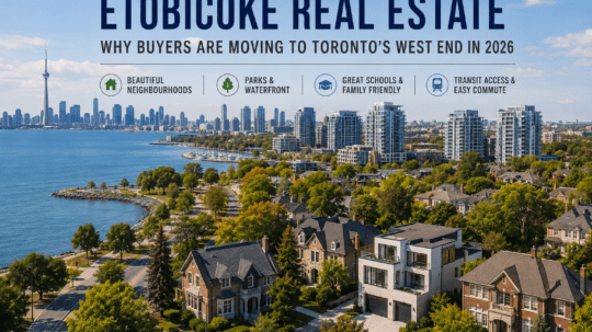 Etobicoke real estate homes and Toronto west end neighbourhood skyline