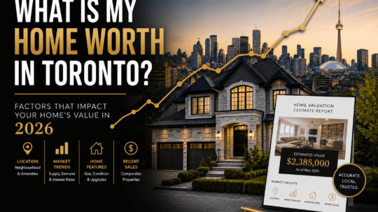 Luxury Toronto home with skyline background illustrating factors that impact home value and property prices in Toronto in 2026.