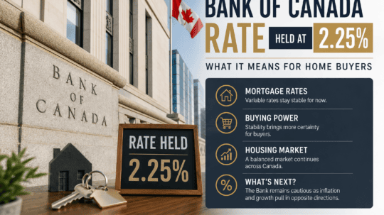 Bank of Canada rate held at 2.25% infographic explaining what the latest interest rate announcement means for mortgage rates, home buyers and the Canadian housing market.