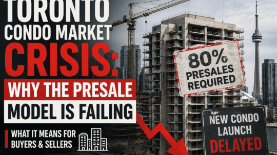 Toronto condo presale model crisis illustrated with the Toronto skyline, high-rise construction, an 80% presales required sign, delayed condo launch sign, and a downward trend arrow representing the slowing GTA condo market.