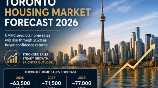 Toronto skyline illustrating the Toronto Housing Market Forecast 2026, highlighting CMHC's projection of stronger home sales through 2028.