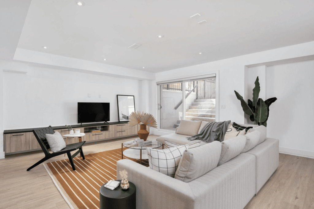 Fully finished walkout basement with spacious living area at 34 Edgecroft Road in Etobicoke.