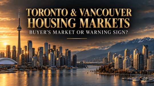 Toronto and Vancouver housing markets blog cover showing condo skylines and the headline “Buyer’s Market or Warning Sign?”