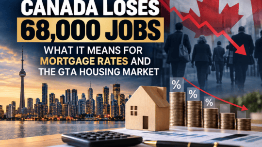 Canada job losses and mortgage rates in 2026 – Toronto skyline, Canadian flag, declining employment and GTA housing market outlook.