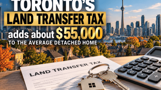 Toronto land transfer tax infographic showing $55,000 in combined land transfer taxes on an average detached home, with Toronto skyline, house keys and calculator.